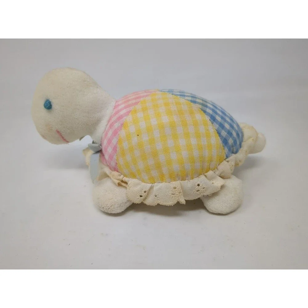 Eden Toys Plaid Pastel Turtle Tortoise‎ Rattle Plush Lace VTG 60s 70s 80s